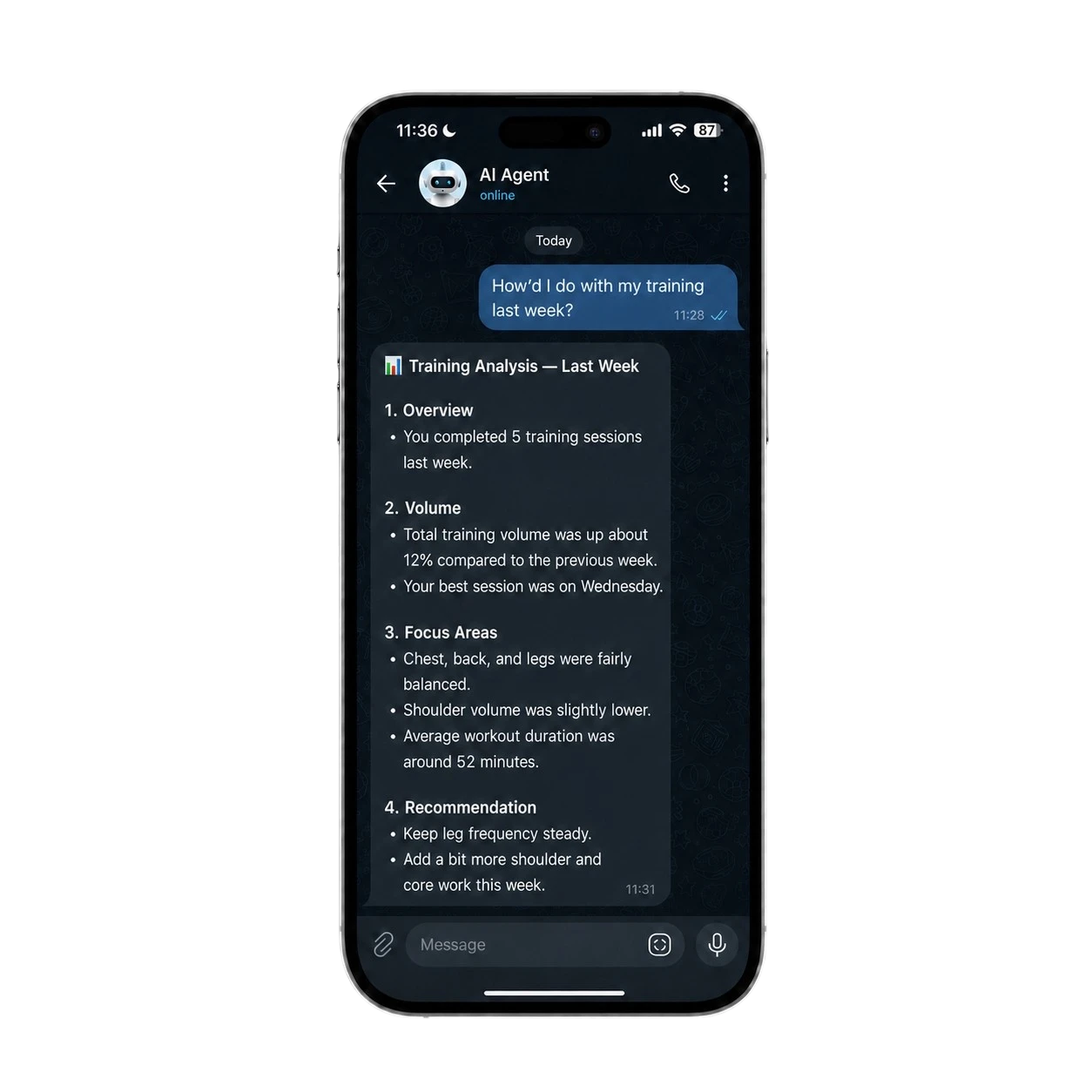 Beyond Cortex training agent conversation in Telegram
